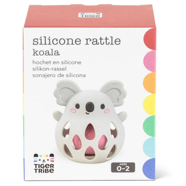 Silicone rattle koala toy packaging with colorful accents on a white background