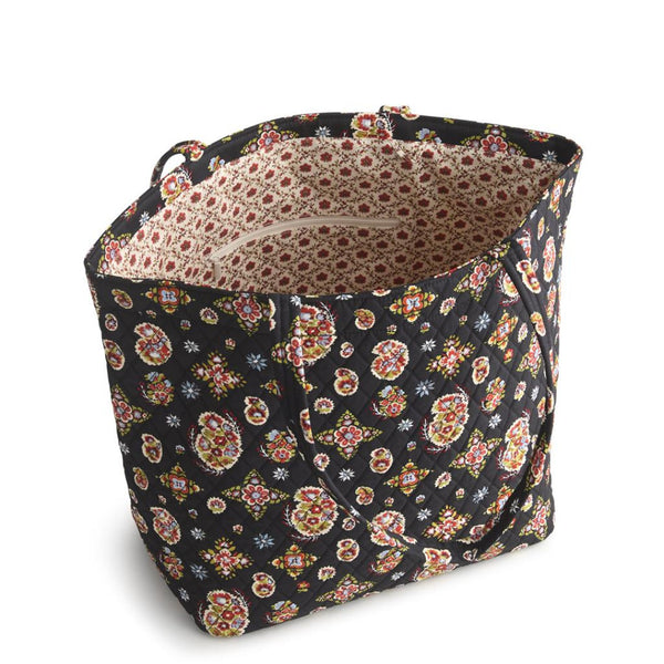 Inside View of the Grand Marston Tote with Black background and rust/peach paisley print