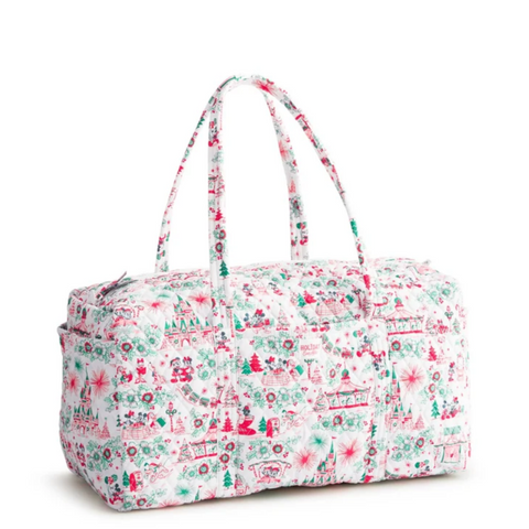 A duffel bag with a white background and a festive Christmas-themed print in red, green, and pink, featuring two top handles and a zippered closure.