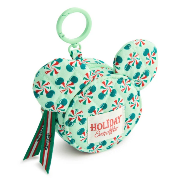 A mint green Mickey Mouse-shaped zippered pouch with a candy cane and peppermint swirl pattern, featuring a white patch that reads 'HOLIDAY Ever After' and a green, red, and white ribbon.