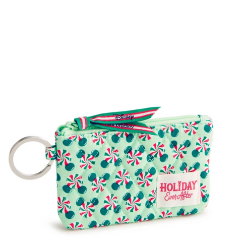 A mint green zippered pouch with a candy cane pattern, featuring a silver key ring and a decorative striped ribbon bow. A white label on the front reads 'HOLIDAY EverAfter'.