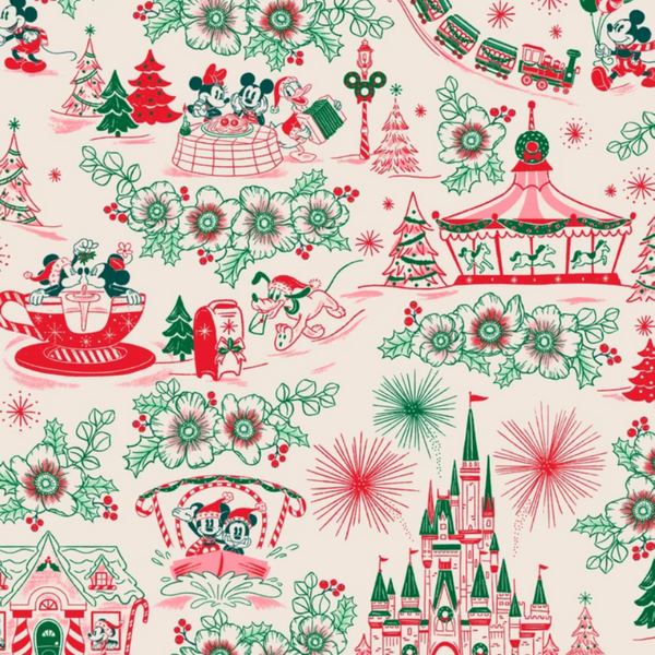 A repeating Christmas-themed pattern featuring Disney characters and landmarks in red and green on a warm cream background, including Mickey and Minnie Mouse in a teacup, a carousel, fireworks, trees, and a castle.