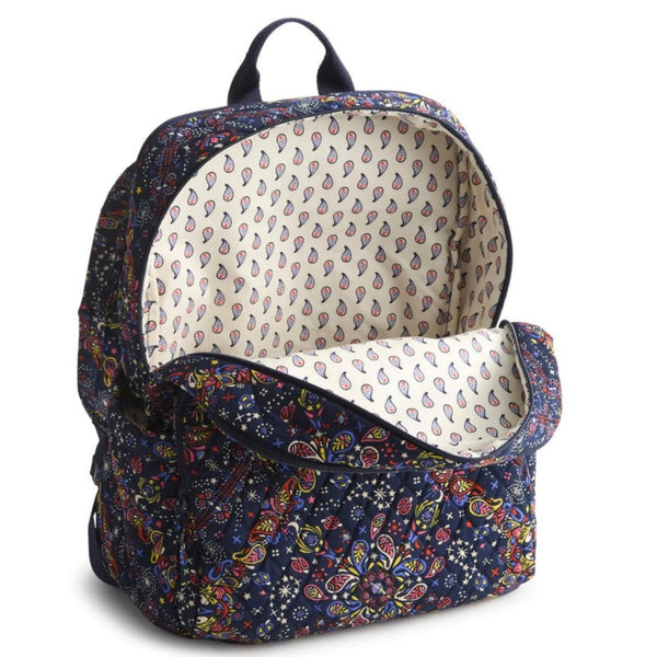 Backpack with colorful paisley pattern on a white background