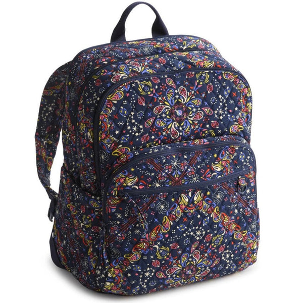 Backpack with a colorful floral pattern on a white background