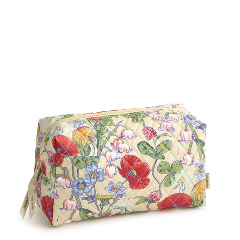 Cosmetic Bag with Cream Background and Red and Blue Flowers