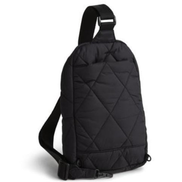 Back view of solid black sling backpack