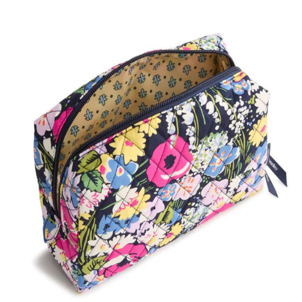 Inside View of Cosmetic Bag with Black Background and Pink and Yellow Flowers
