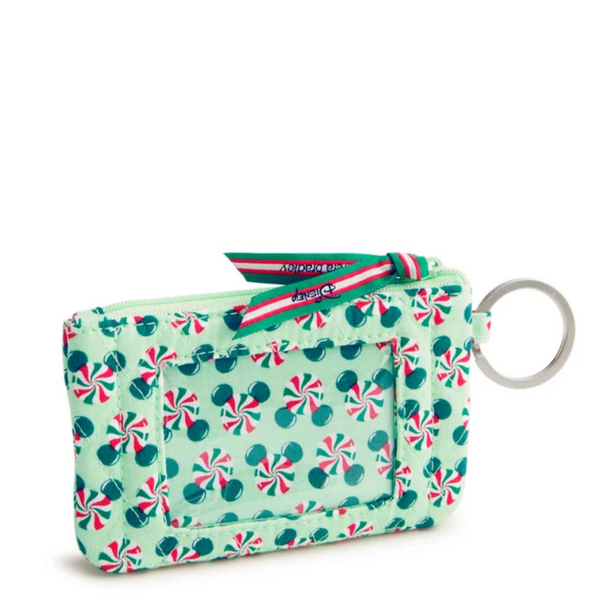 A mint green zippered pouch with a candy cane and peppermint swirl pattern, featuring a clear ID window and a silver metal key ring attached to a red, green, and white ribbon.