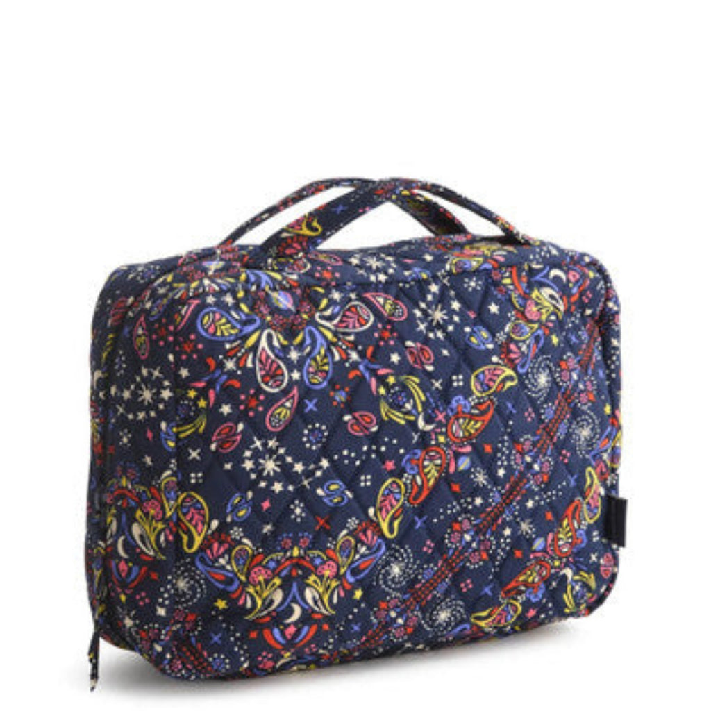 Travel Organizer with dark blue background and red and purple flowers