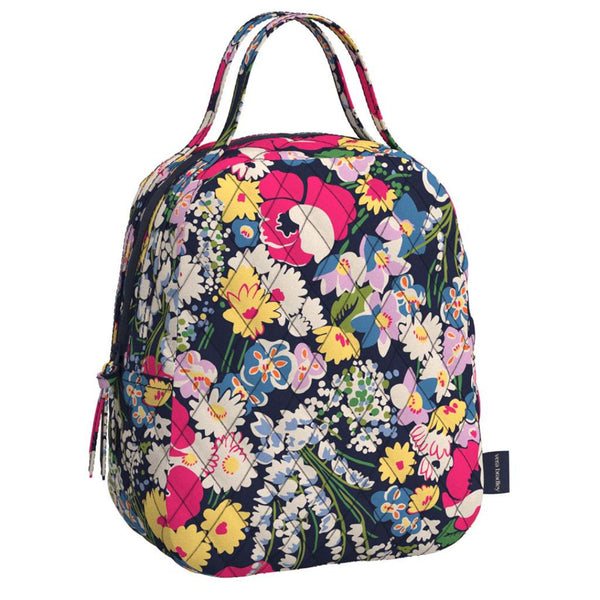 Lunch Bag with Black Background and Pink, White and Yellow Flowers