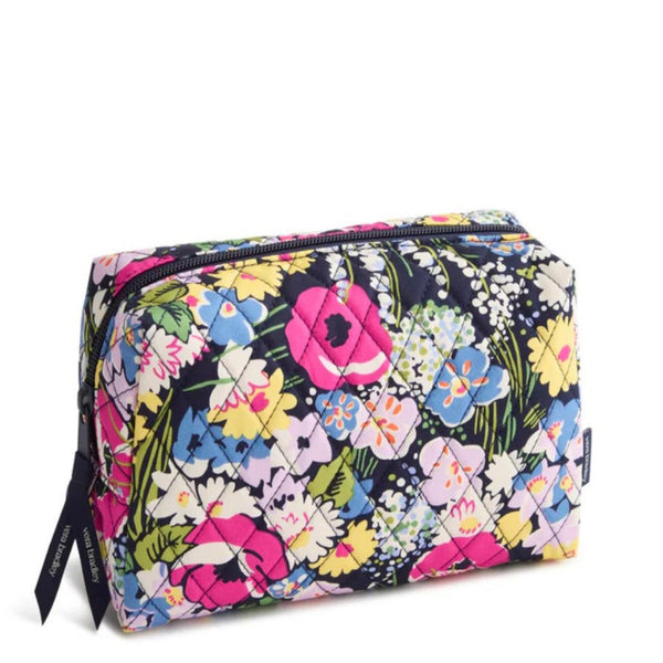 Cosmetic Bag with Black Background and Pink and Yellow Flowers