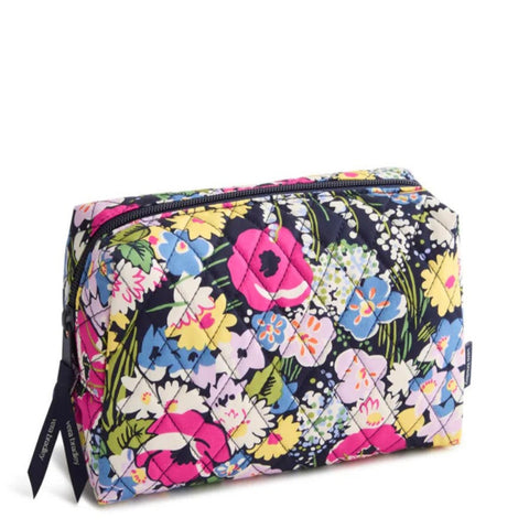 Cosmetic Bag with Black Background and Pink and Yellow Flowers