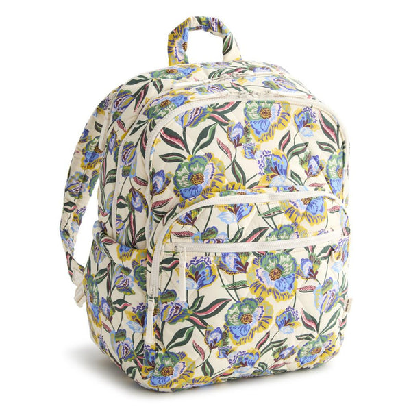 Backpack with cream background and purple and green flowers