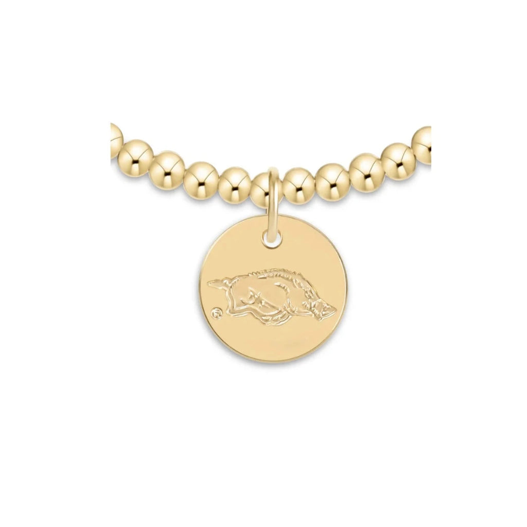 Gold Beaded Bracelet with the Arkansas Razorback on a gold disc