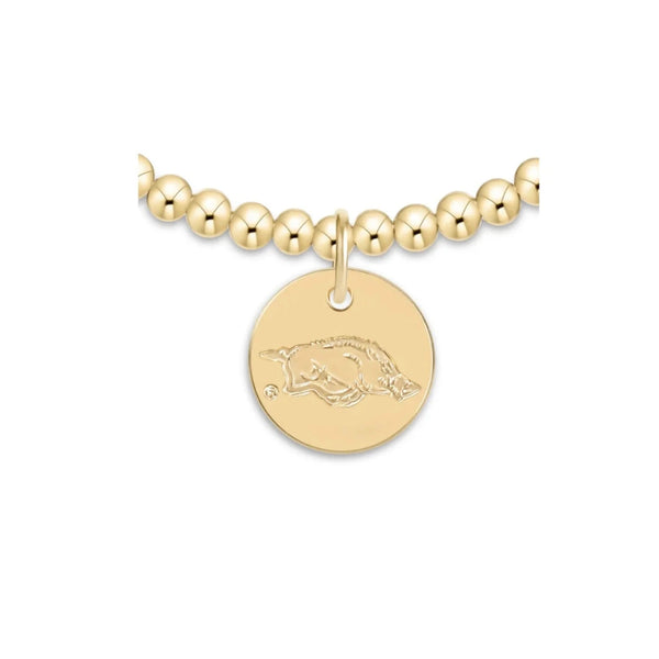 Gold Beaded Bracelet with the Arkansas Razorback on a gold disc
