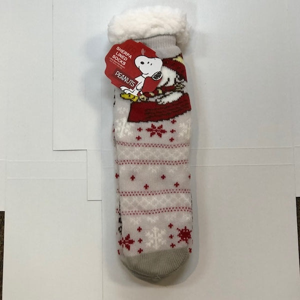 Peanuts Sherpa Slipper Socks - Snoopy with Ski Sock Red and Gray