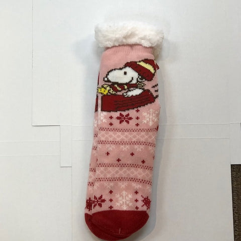Peanuts Sherpa Slipper Socks - Snoopy with Ski Sock Red and Pink